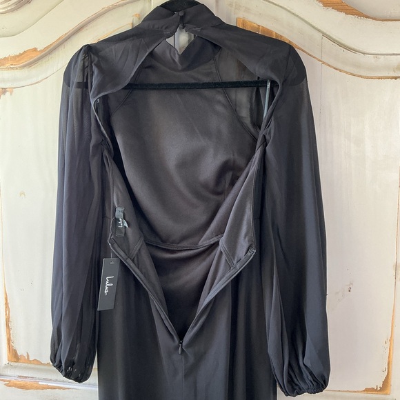 NWT Lulus | Graceful Entrance Black Chiffon High-Slit Long Sleeve Maxi Dress Med - Picture 8 of 11